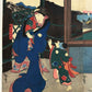 estampe japonaise en triptyque de Hirosada, scene de Kabuki combat au sabre entre deux samouraïs, gros plan sur mère et enfant