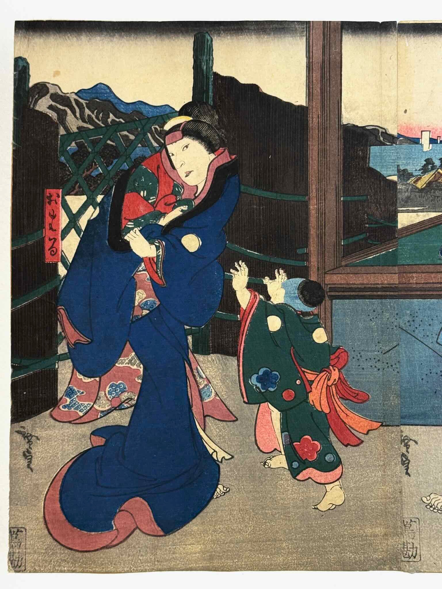 estampe japonaise en triptyque de Hirosada, scene de Kabuki combat au sabre entre deux samouraïs, gros plan sur mère et enfant