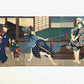 estampe japonaise en triptyque de Hirosada, scene de Kabuki combat au sabre entre deux samouraïs