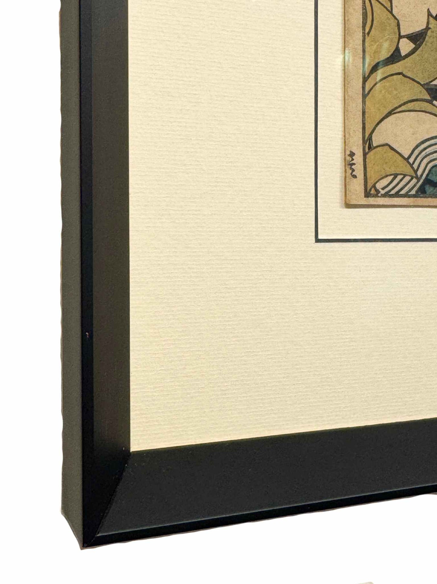 Estampe Japonaise de Konishi Hirosada représentant l'acteur Mimasu Daigorō IV dans le rôle de Yuranosuke, le chef des 47 rōnin, gros plan angle du cadre noir
