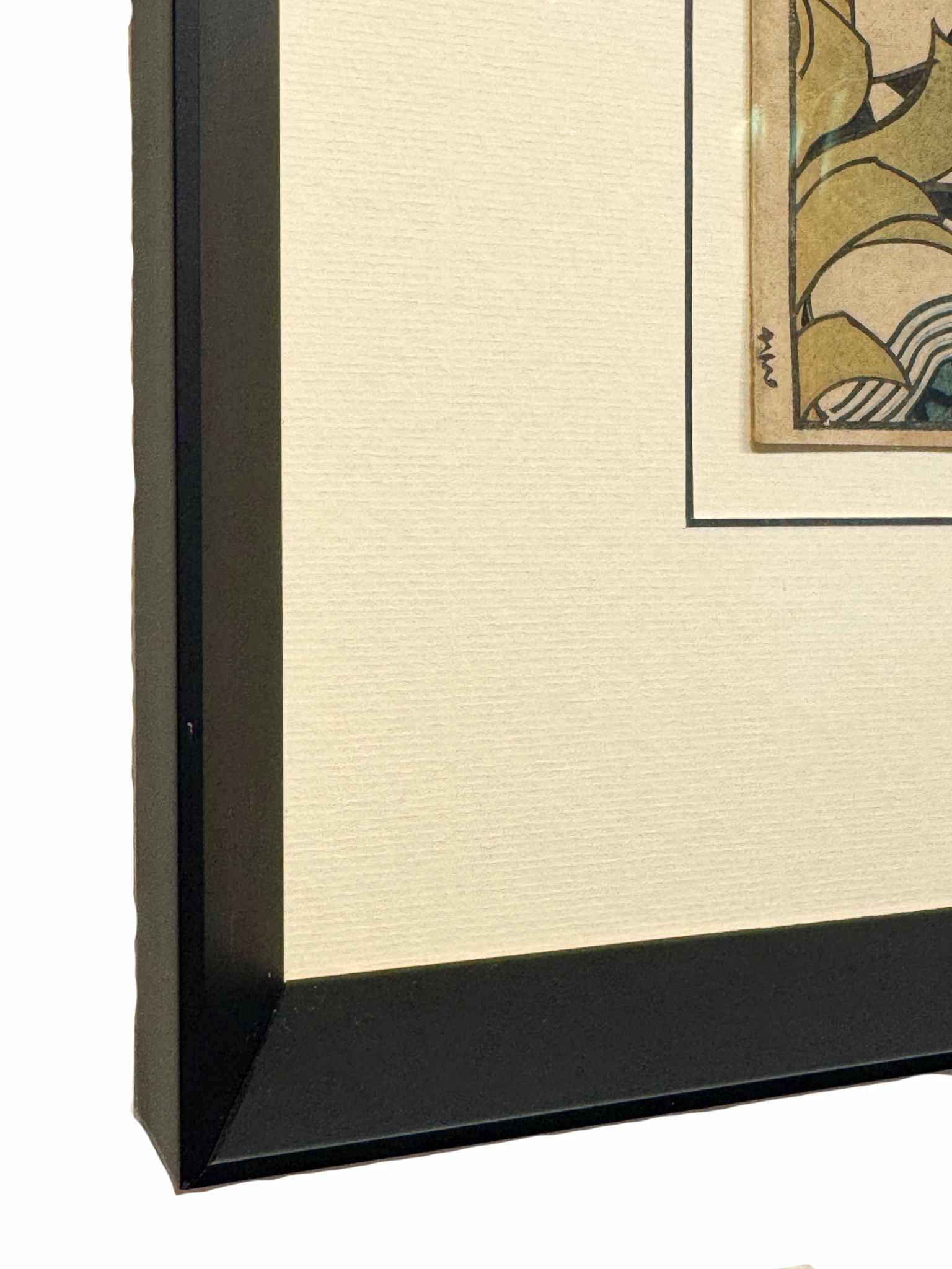 Estampe Japonaise de Konishi Hirosada représentant l'acteur Mimasu Daigorō IV dans le rôle de Yuranosuke, le chef des 47 rōnin, gros plan angle du cadre noir