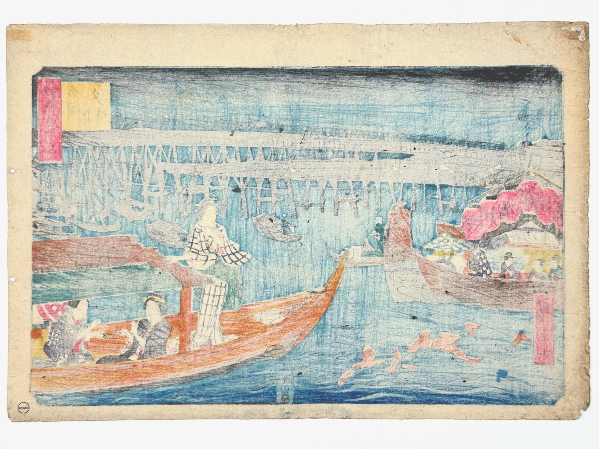 estampe hiroshige edo meisho pont ryogoku femmes dans bateaux lanternes nageurs dos de l'estampe