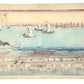estampe japonaise Hiroshige edo meisho vue de la mer depuis station du tokaido, paysage, bateaux voiles déployées, auberges scène de vie, dos estampe