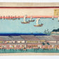 estampe japonaise Hiroshige edo meisho vue de la mer depuis station du tokaido, paysage,  bateaux voiles déployées, auberges scène de vie