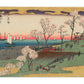 Estampe Japonaise de Hiroshige | Edo Meisho pique-nique sous les cerisiers en fleurs pour Hanami, mer et bateaux au loin