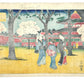 estampe japonaise hiroshige edo temple et trois femmes en kimono sous cerisiers en fleur dos 