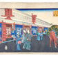 estampe japonaise de Hiroshige rue marchande femmes en kimono et homme marchant, cheval avec tonneaux de sake