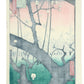 Estampe Japonaise d’Utagawa Hiroshige montrant le tronc noueux du prunier célèbre de Kameido en fleurs, avec promeneurs au loin, le verso de l'estampe