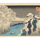 Estampe japonaise de Hiroshige montrant Ochanomizu enneigé avec courtisanes et rivière Kanda à Edo