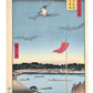 Estampe Japonaise d’Utagawa Hiroshige montrant un coucou en vol au-dessus du pavillon Komagata et du pont Azuma sous la pluie.