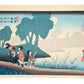 Estampe Japonaise de Hiroshige avec des voyageurs traversant un pont à Miyanokoshi