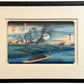 Estampe japonaise encadrée de Hiroshige de la rivière à Seba sous la pleine lune, saules et bateau, avec cadre noir