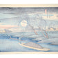 Estampe japonaise de Hiroshige de la rivière à Seba sous la pleine lune, saules et bateau verso