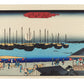 Estampe Japonaise de Hiroshige montrant Takanawa et des bateaux sur la mer sous la lune