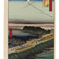 Estampe Japonaise d’Utagawa Hiroshige montrant la digue de Nihon menant au quartier de Yoshiwara sous la lumière de la lune.