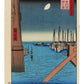 Estampe Japonaise d’Utagawa Hiroshige montrant la vue nocturne depuis le pont Etai-bashi, avec la lune et des bateaux amarrés.