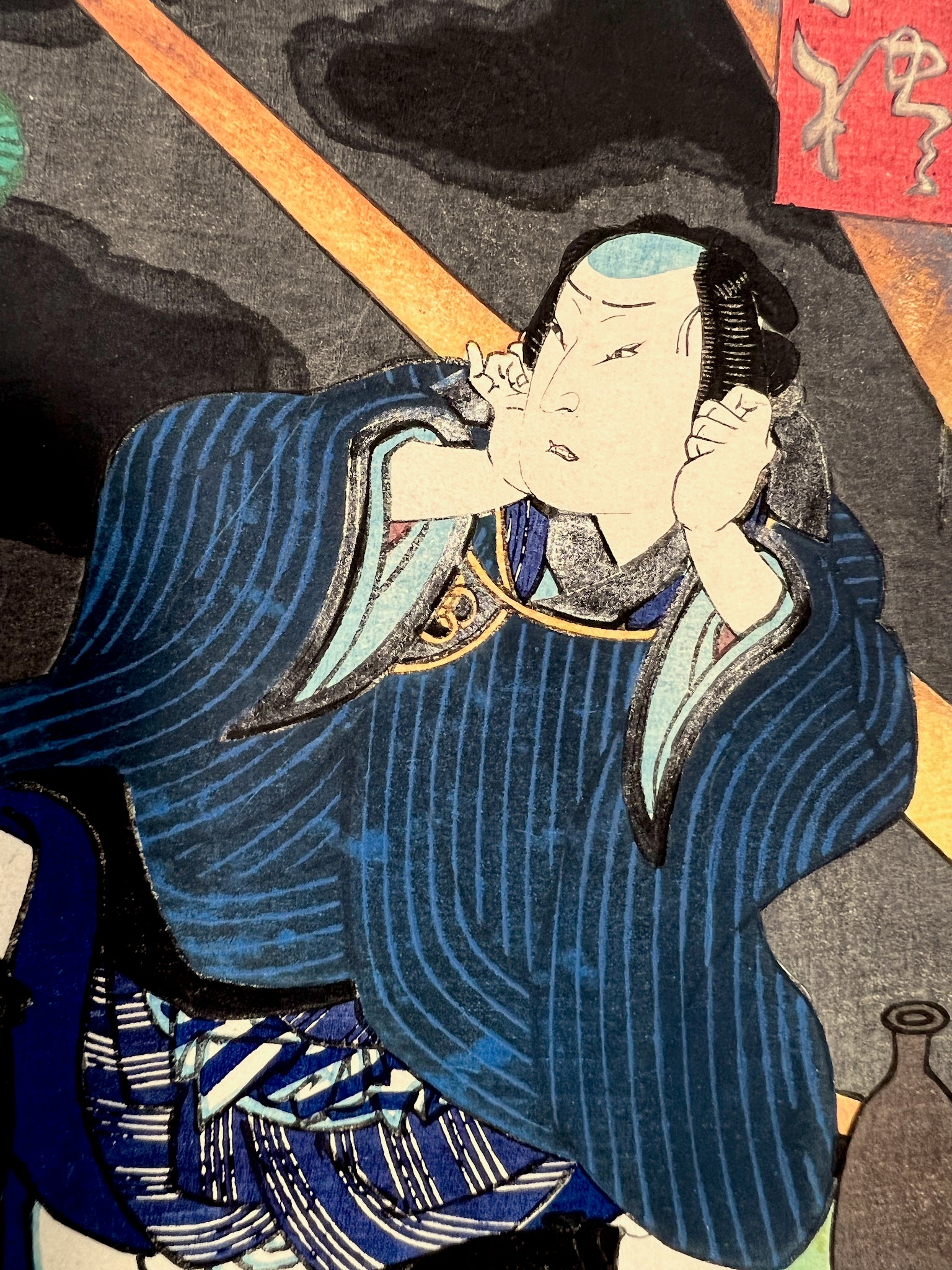 estampe japonaise de Hirosada, personnages se bouchant les oreilles une nuit d'orage avec éclairs , gros plan sur le visage apeuré du seigneur