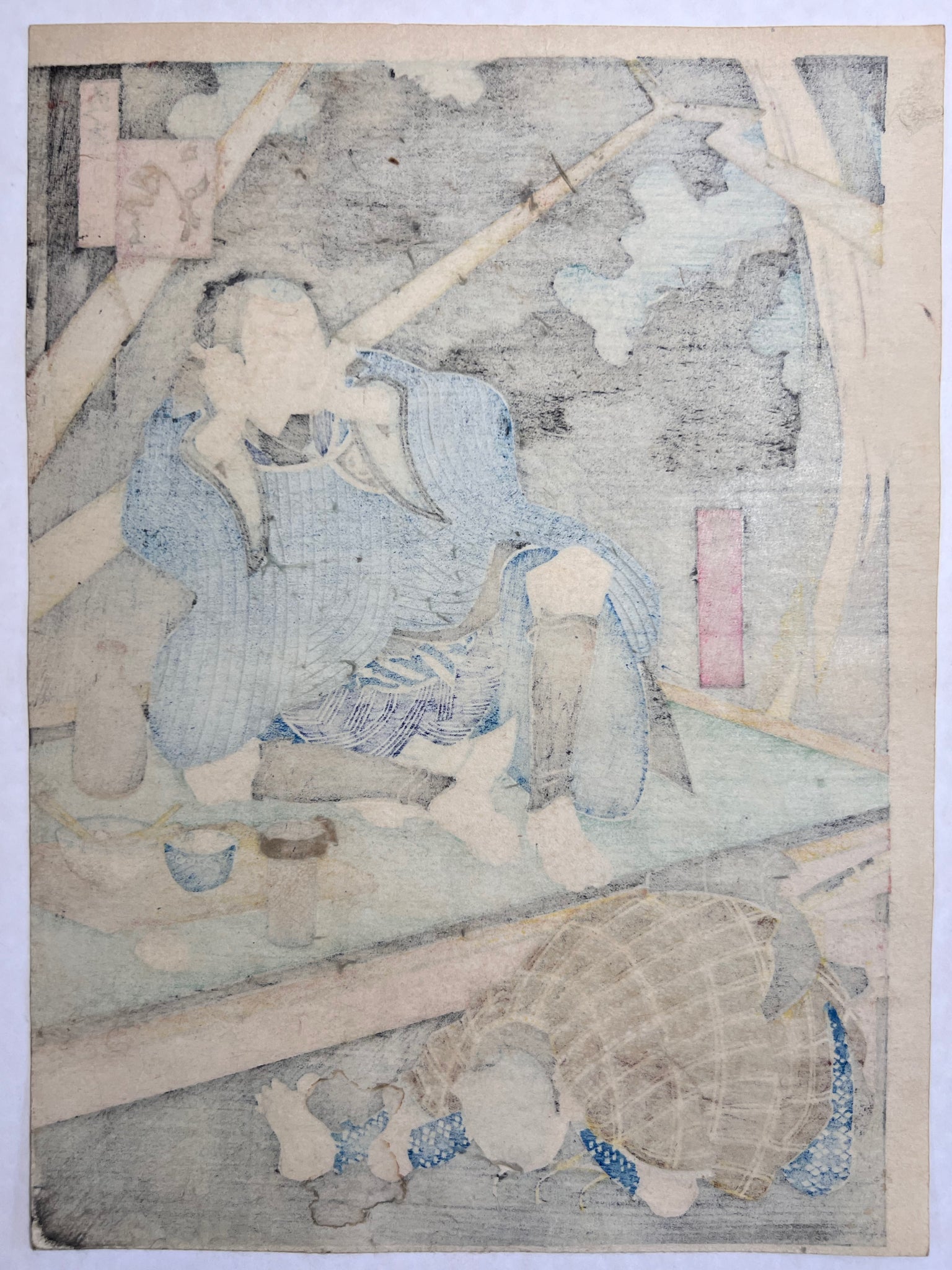 estampe japonaise de Hirosada, personnages se bouchant les oreilles une nuit d'orage avec éclairs, verso de l'estampe