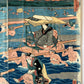 estampe japonaise traversée de rivière par femmes en kimono et leurs porteurs, traversée sur épaules et palanquin 