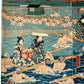 estampe japonaise traversée de rivière par femmes en kimono et leurs porteurs, palanquin et plateforme en bois