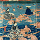 estampe japonaise traversée de rivière par femmes en kimono et leurs porteurs dans l'eau, Mont Fuji et courtisanes