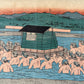 estampe japonaise traversée de rivière par femmes en kimono et leurs porteurs, palanquin vert et montagne