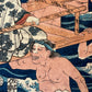 estampe japonaise traversée de rivière par femmes en kimono et leurs porteurs, homme et sceau éditeur 