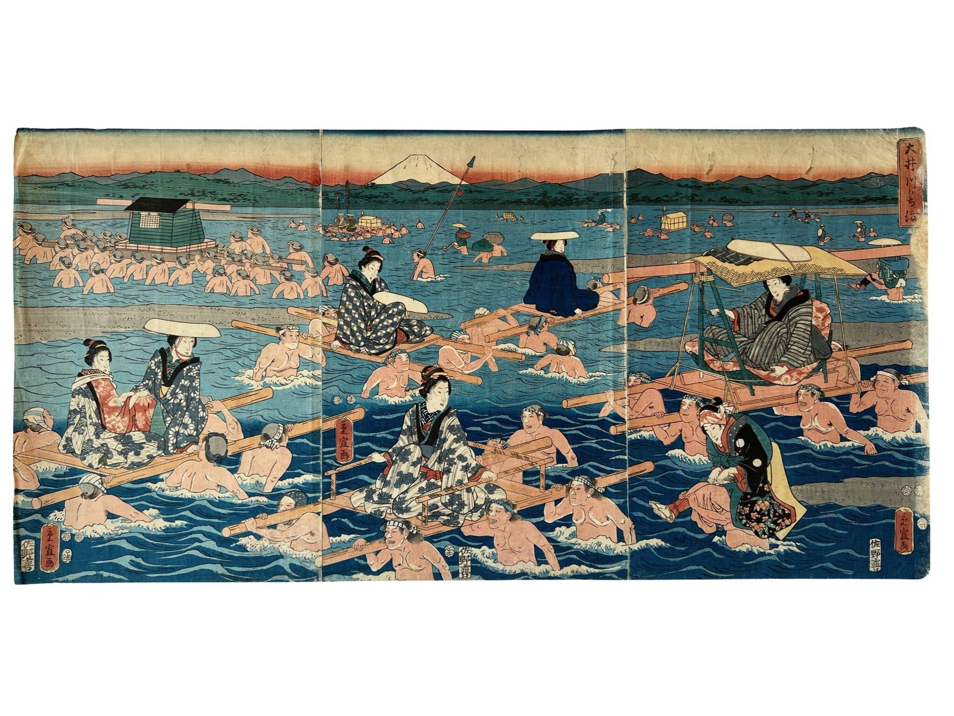 estampe japonaise traversée de rivière par femmes en kimono et leurs porteurs 