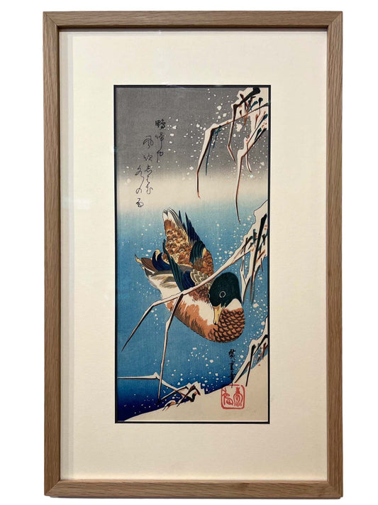 Estampe Japonaise Encadrée de Hiroshige | Canard colvert sur un lac enneigé