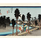 estampe japonaise de Hiroshige, des voyageurs sur la route du Tokaido arrivent au village de Nemazu, sous une nuit de pleine lune