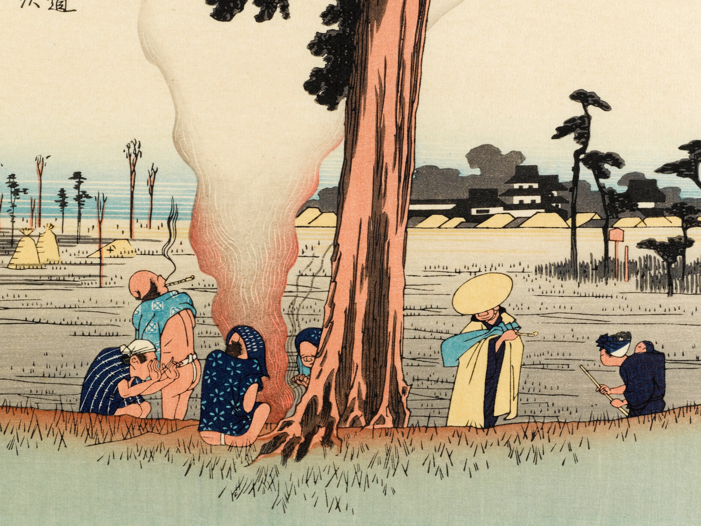 estampe japonaise de hiroshige grand tokaido des voyageurs font halte sous un pin, se rechauffent autour d'un feu