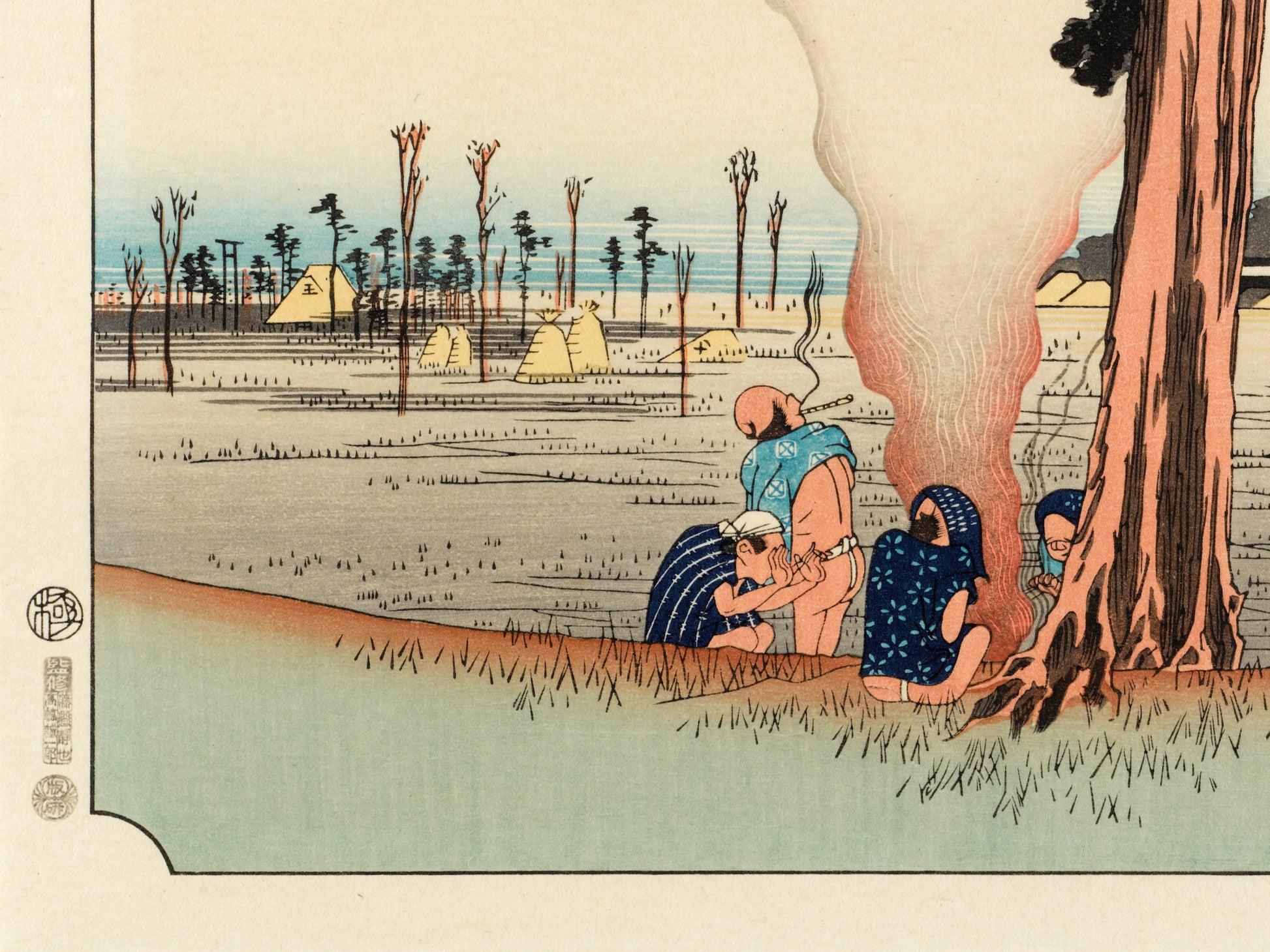 estampe japonaise de hiroshige grand tokaido des voyageurs font halte sous un pin, un voyageur les fesses à l'air