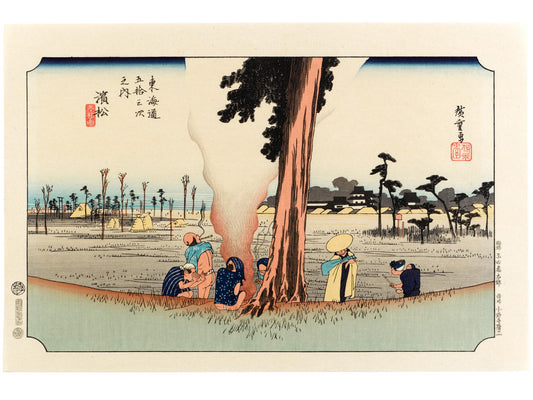 estampe japonaise de hiroshige grand tokaido des voyageurs font halte sous un pin