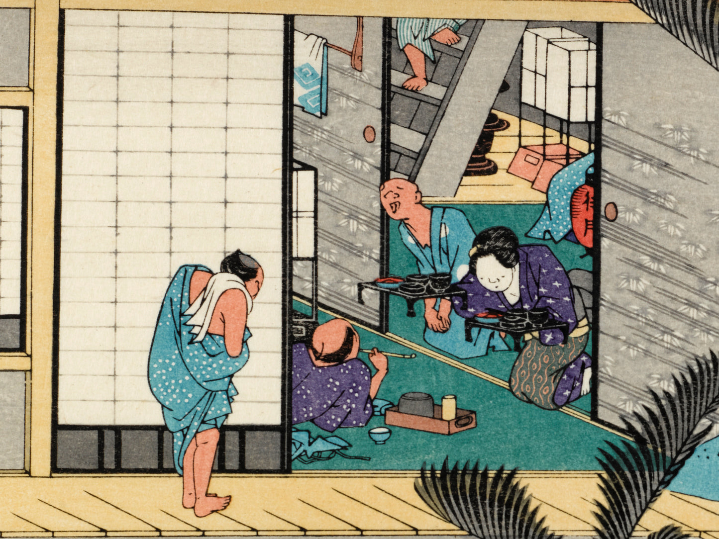 estampe japonaise intérieur d'une auberge avec voyageurs et geishas, service d'un repas