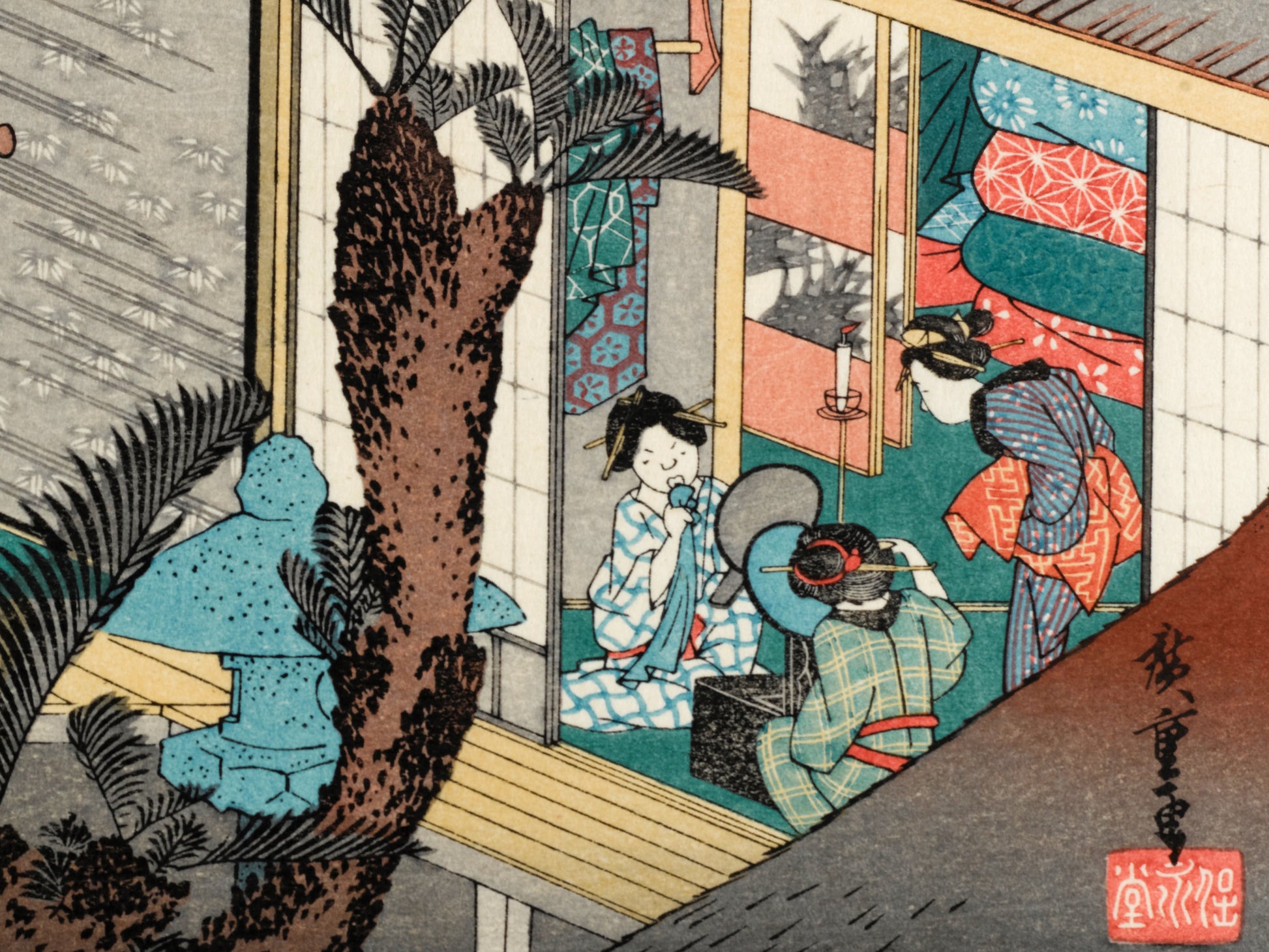 estampe japonaise intérieur d'une auberge avec voyageurs et geishas, coiffure et maquillage