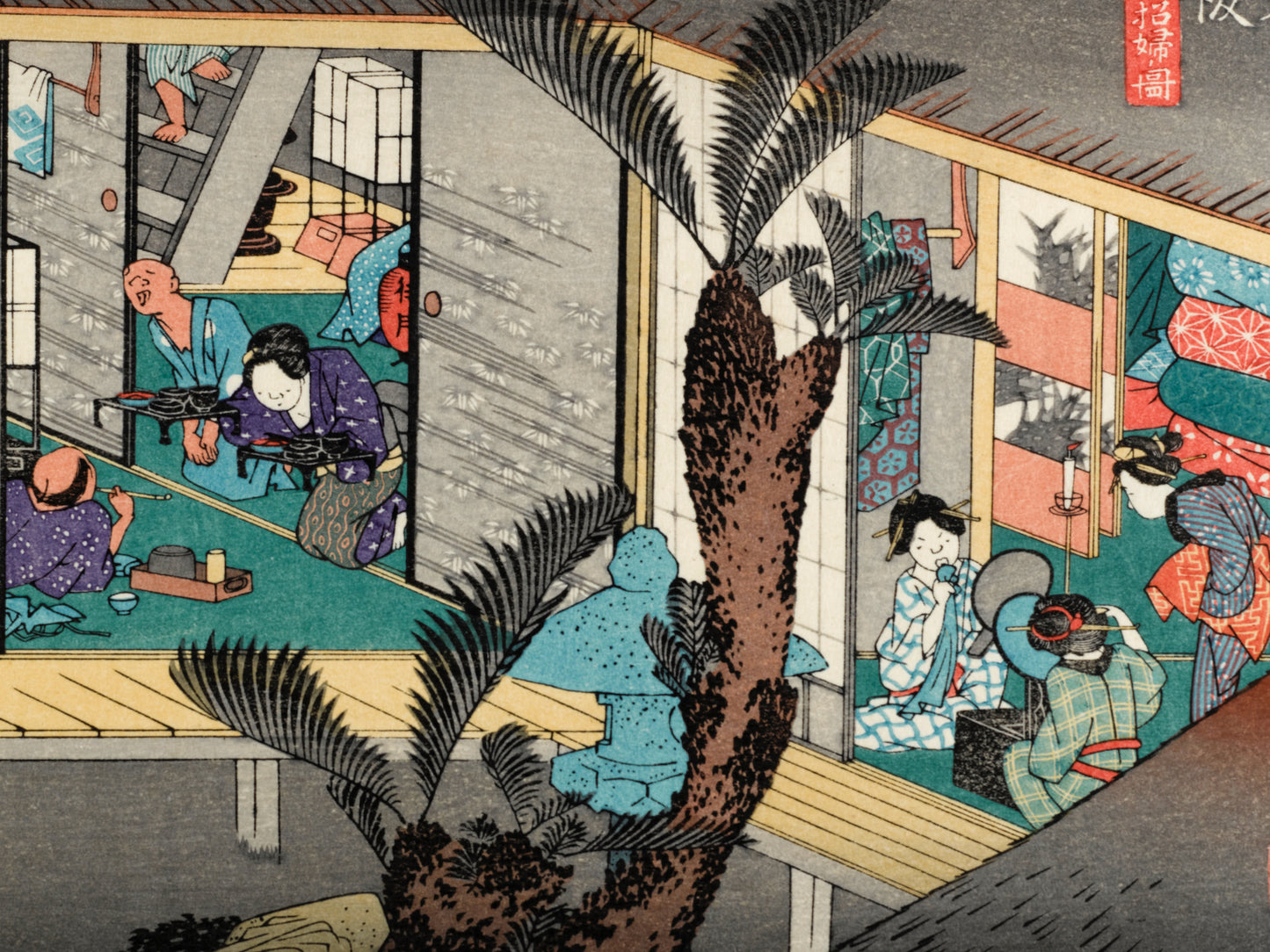 estampe japonaise intérieur d'une auberge avec voyageurs et geishas, palmier et lanterne central