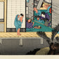 estampe japonaise intérieur d'une auberge avec voyageurs et geishas, sceau de censure