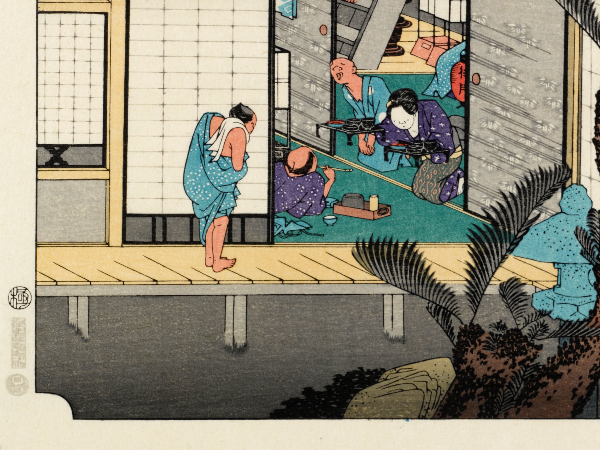 estampe japonaise intérieur d'une auberge avec voyageurs et geishas, sceau de censure