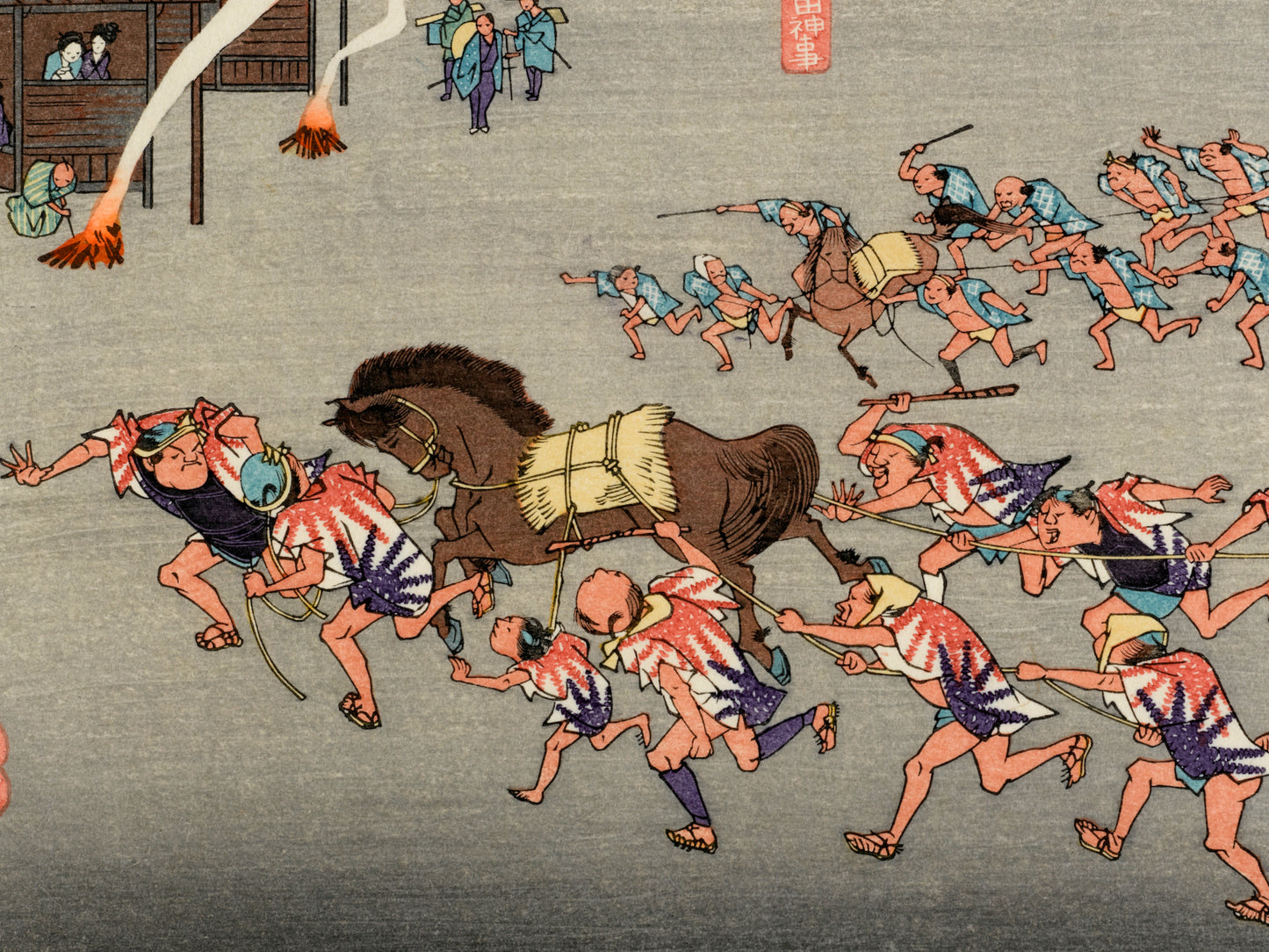 estampe japonaise des personnages courent après un chevalcourse chevaux