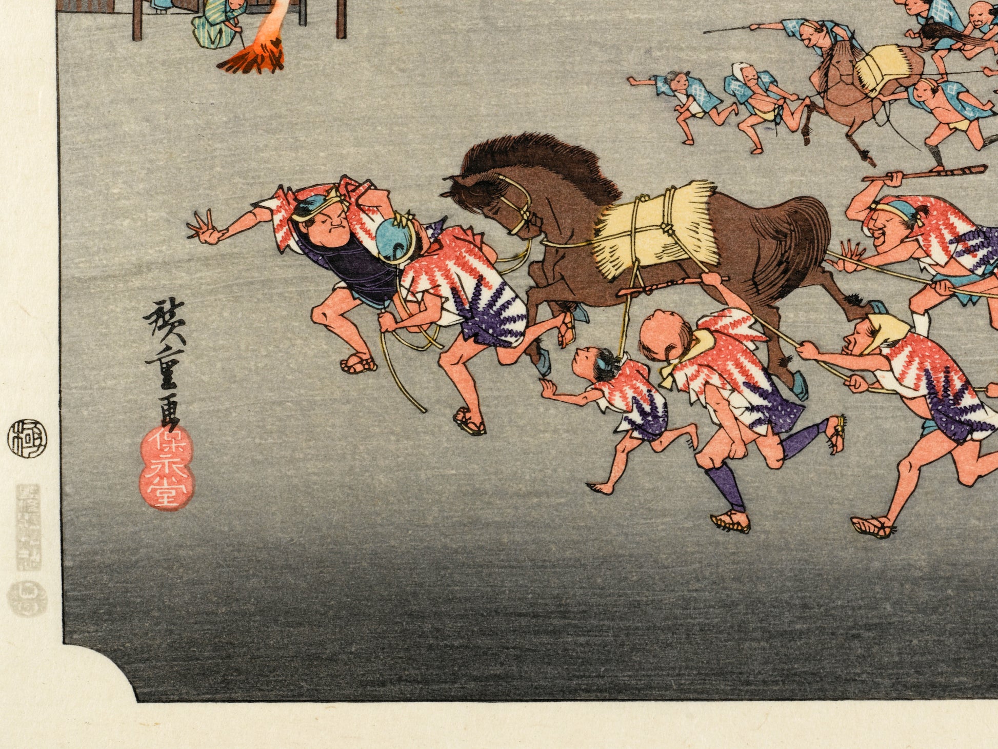 estampe japonaise course chevaux avec tori en premier plan, les sceau de censure