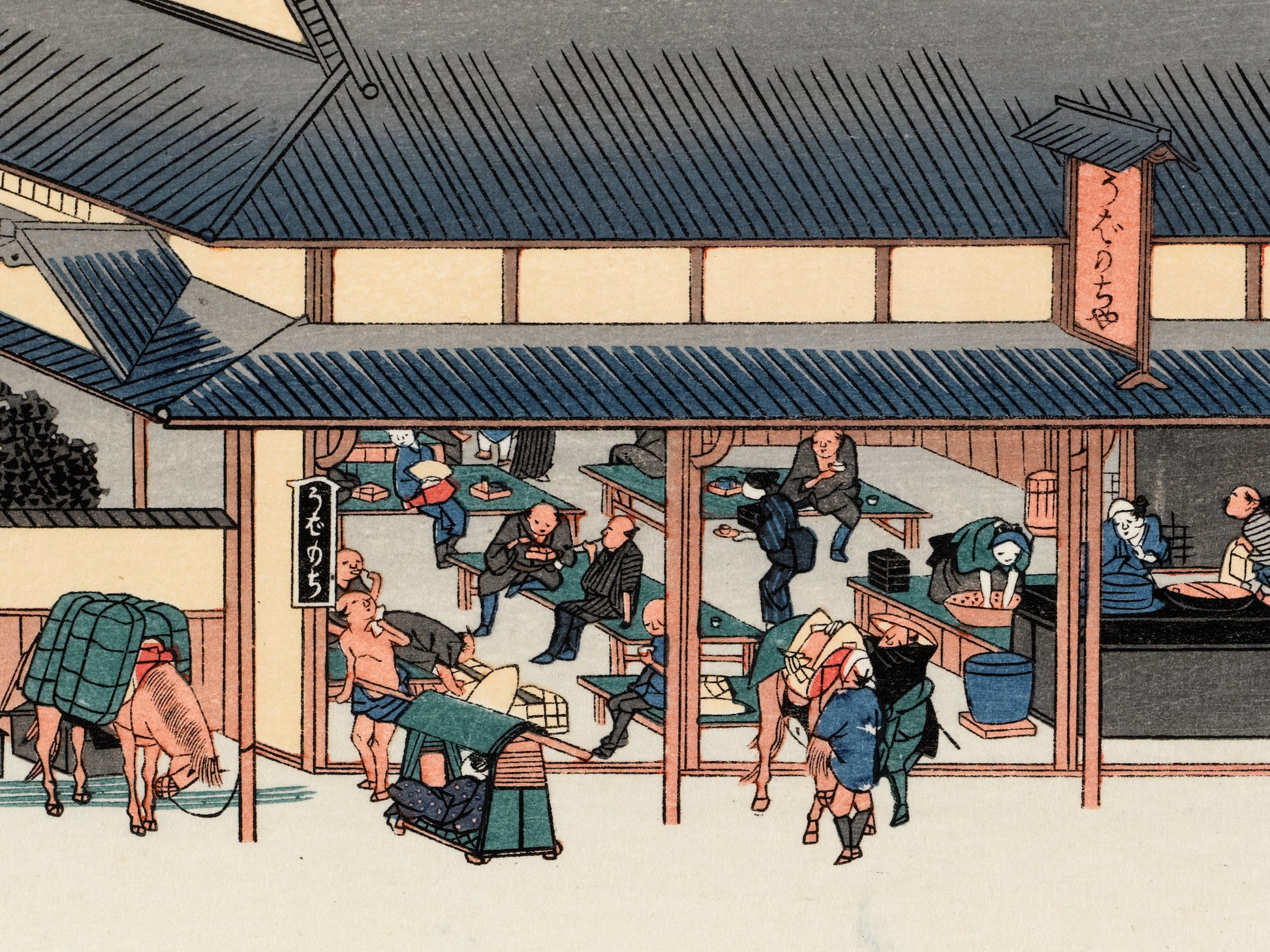 estampe japonaise des voyageurs prennent leur repas