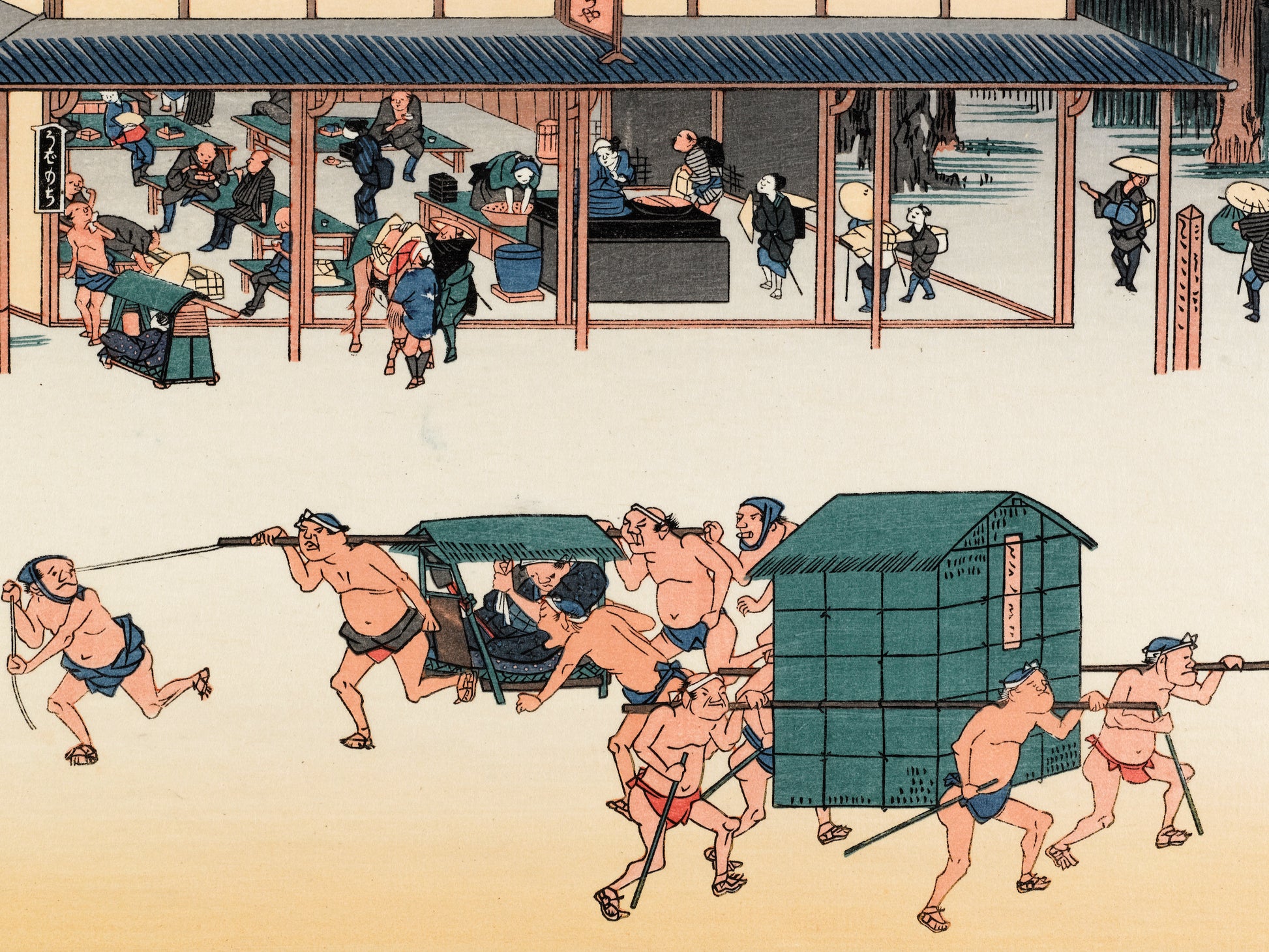 estampe japonaise des chaises à porteur devant une auberge, les porteurs courrent