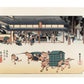 estampe japonaise des chaises à porteur devant une auberge