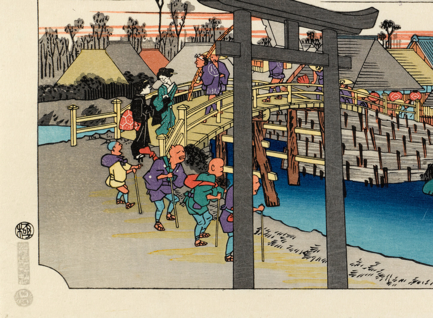estampe japonaise de Hiroshige, la station Fujisawa du Tokaido avec un tori d'un sanctuaire shinto en premier plan, personnage avaugle avec baton