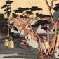 estampe japonaise paysage de Hiroshige, des pèlerins arrvient sous la pluie à la station Oiso du Tokaido, un homme avec son cheval lourdement chargé arrive au village