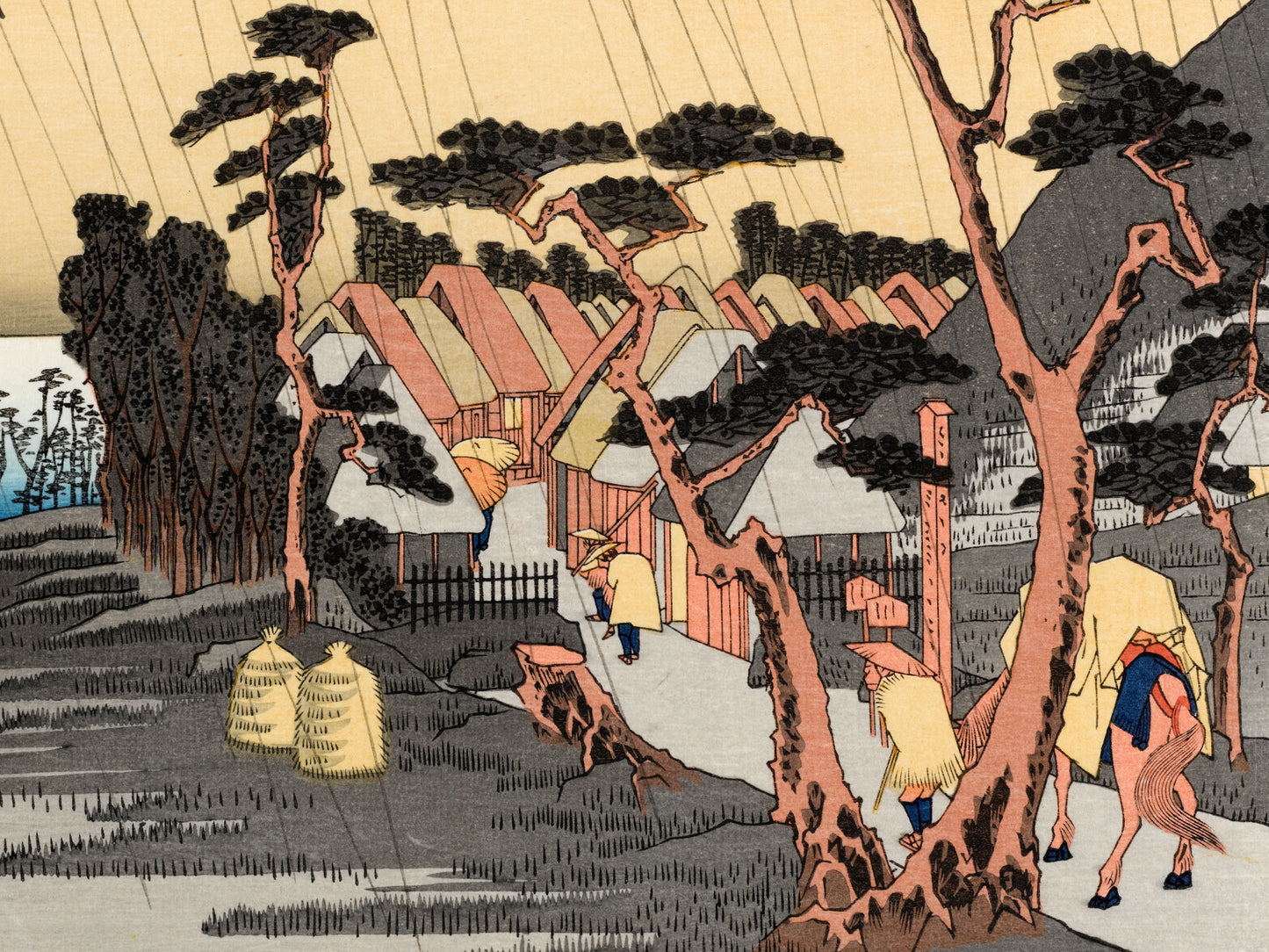 estampe japonaise paysage de Hiroshige, des pèlerins arrvient sous la pluie à la station Oiso du Tokaido, un homme avec son cheval lourdement chargé arrive au village