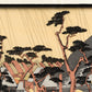 estampe japonaise paysage de Hiroshige, des pèlerins arrvient sous la pluie à la station Oiso du Tokaido, un homme avec un chapeau tirant son cheval lourdement chargé arrive au village, quart superieur droit de l'estampe