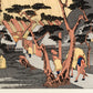 estampe japonaise paysage de Hiroshige, des pèlerins arrvient sous la pluie à la station Oiso du Tokaido, un homme avec un chapeau tirant son cheval lourdement chargé arrive au village, des arbres en premier plan