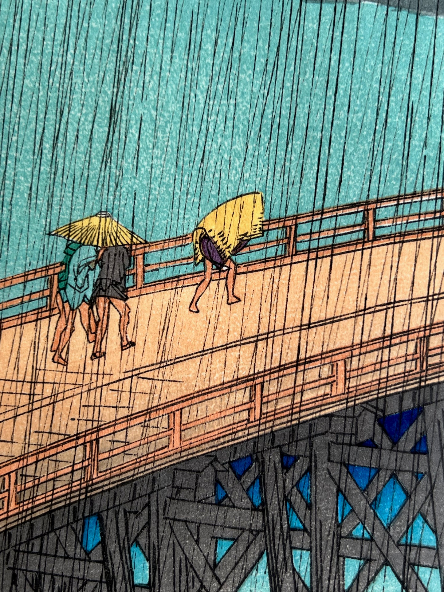 Estampe Japonaise d’Utagawa Hiroshige représentant une averse sur le pont Ōhashi et la rivière Sumida, célèbre pour la copie de Van Gogh, détail des voyageurs sur le pont
