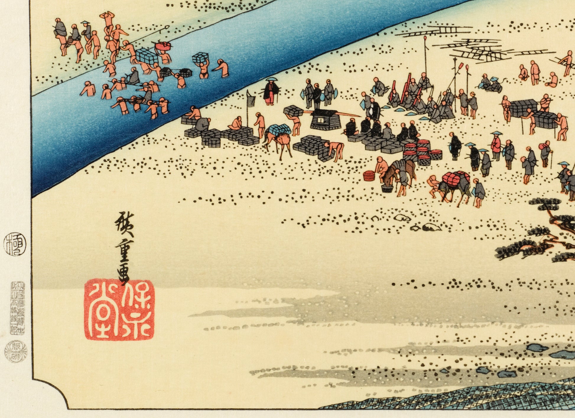 estampe japonaise de Hiroshige, des personnes traversent la rivière à pied